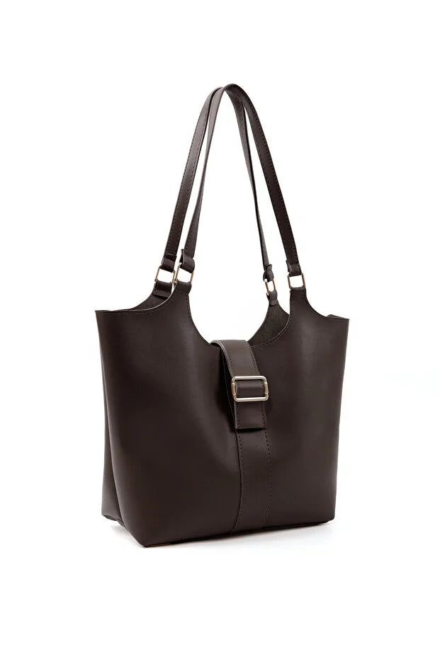 Brown Faux Leather Snap Closure Crossbody Hand Bag Single Compartment